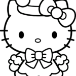 Black and white line art of Hello Kitty wearing a festive holiday outfit, featuring bold outlines for easy coloring by children.