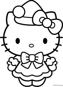 Black and white line art of Hello Kitty wearing a festive holiday outfit, featuring bold outlines for easy coloring by children.