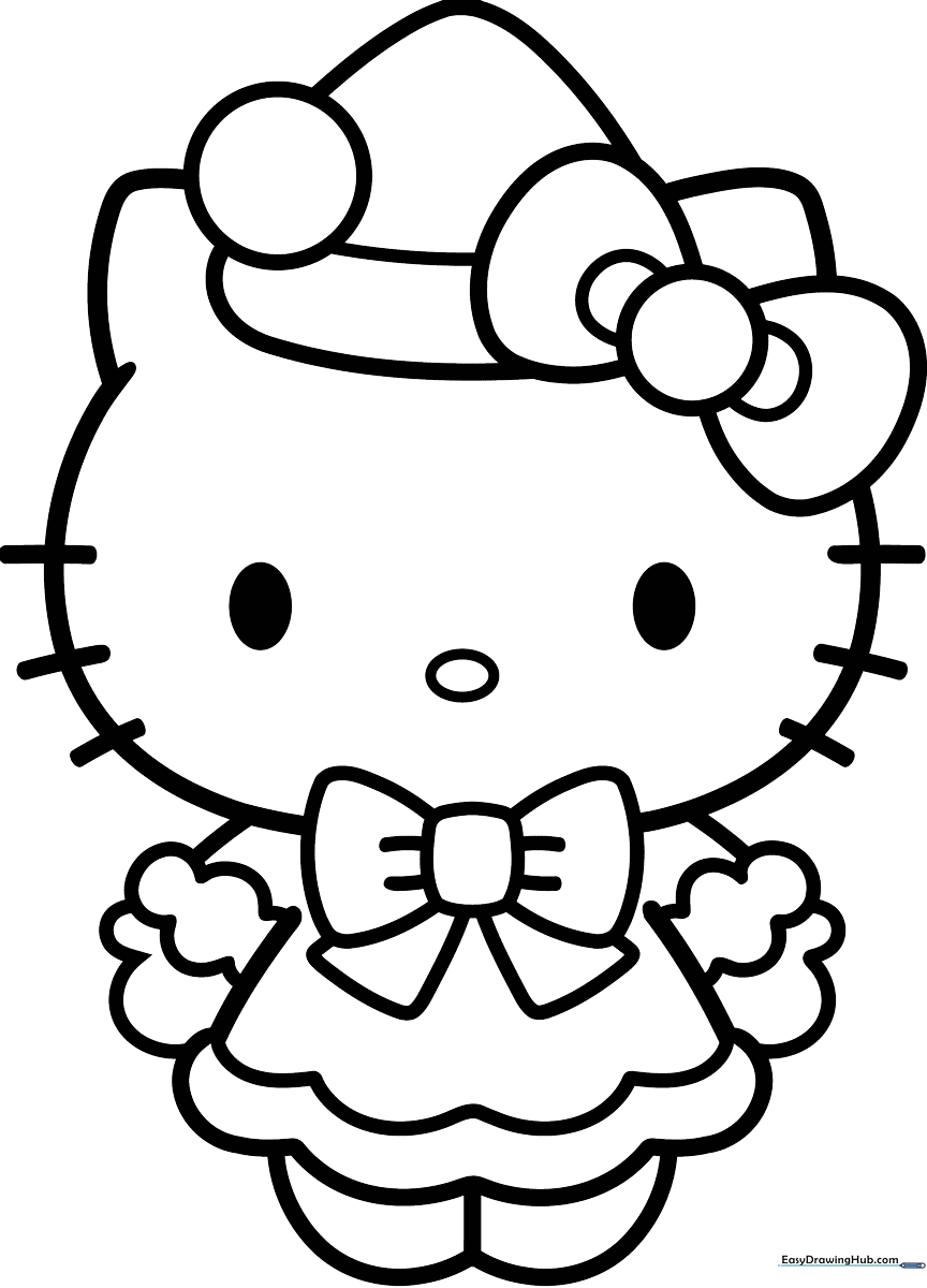 Black and white line art of Hello Kitty wearing a festive holiday outfit, featuring bold outlines for easy coloring by children.