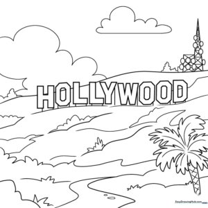 Black and white line art of the Hollywood Sign on a hillside, designed for children to color with markers or crayons.