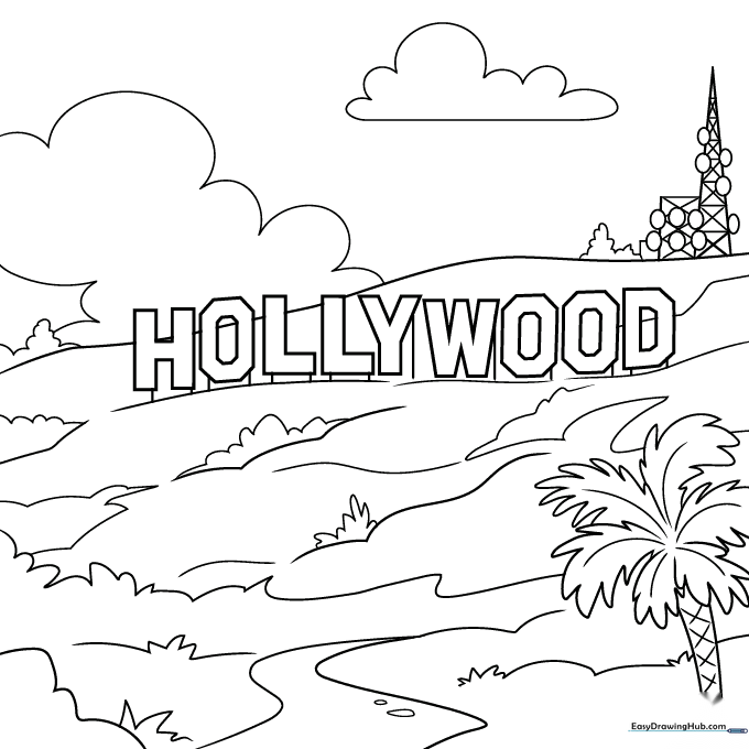 Black and white line art of the Hollywood Sign on a hillside, designed for children to color with markers or crayons.