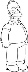 Black and white line art of Homer Simpson standing, featuring clear outlines suitable for children to color with markers or crayons.