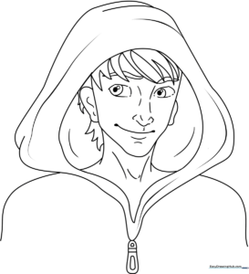 Black and white line art of a hooded sweatshirt hood, featuring clear outlines for easy coloring and shading practice.