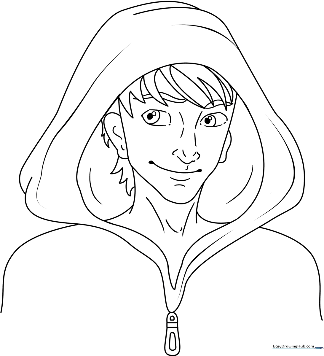 Black and white line art of a hooded sweatshirt hood, featuring clear outlines for easy coloring and shading practice.