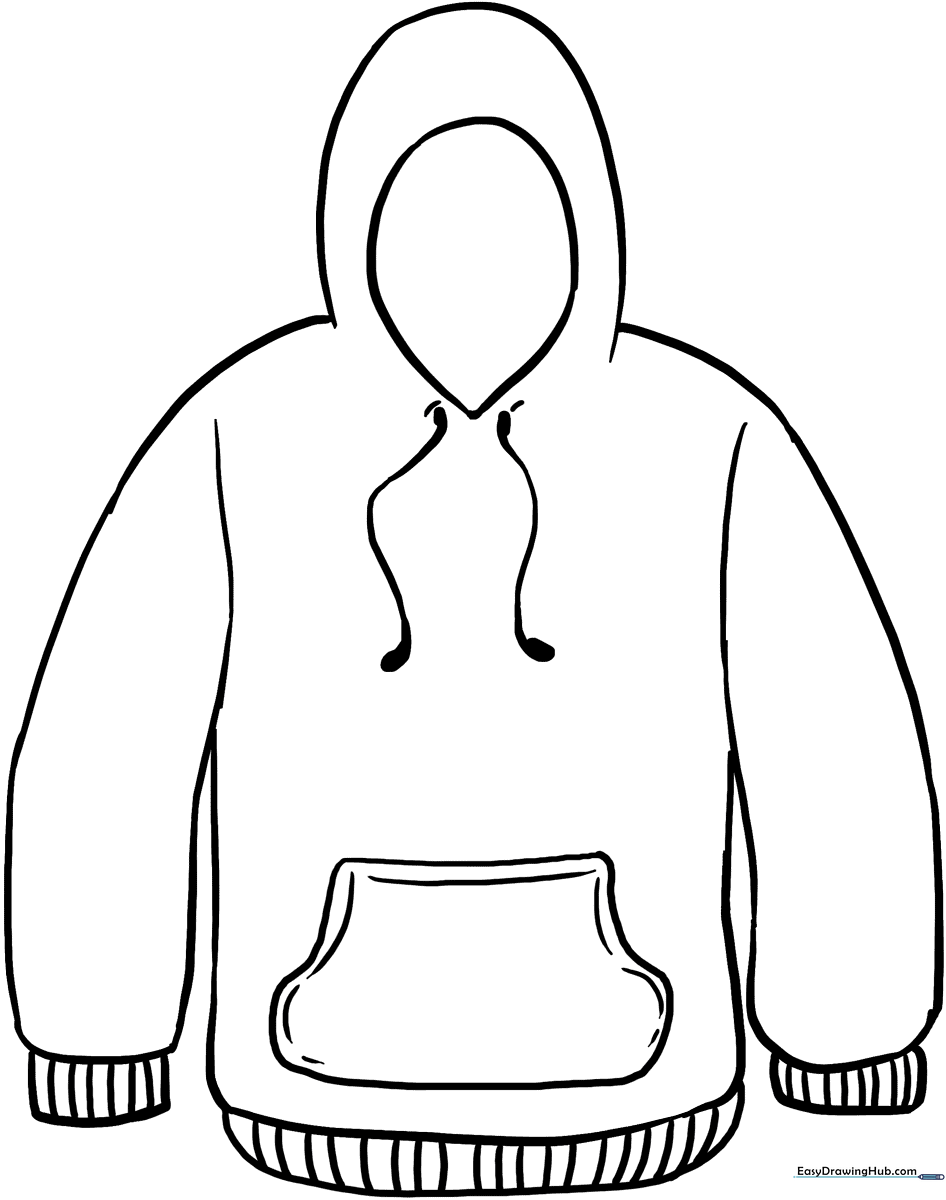 Black and white line art of a casual pullover hoodie with a front pocket and drawstring hood, ready for coloring.