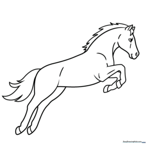 Black and white line art of a horse jumping over a hurdle, suitable for children's coloring activities.