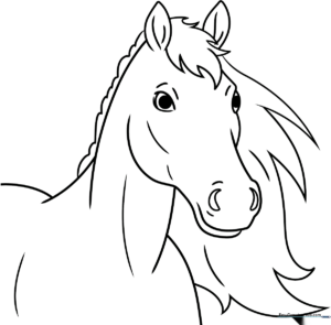 Black and white line art of a horse head with a flowing mane, designed for children to color with markers or crayons.