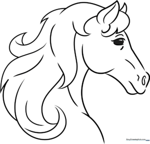 Clean black and white line art of a horse head profile, featuring bold outlines for easy coloring by children.