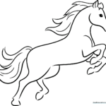 Clean black and white line art of a standing horse, designed for children to color with markers or crayons.