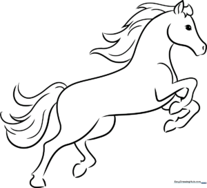 Clean black and white line art of a standing horse, designed for children to color with markers or crayons.