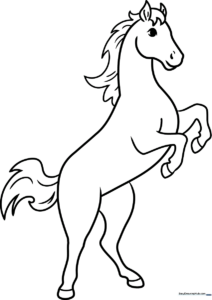 Line art illustration of a horse rearing up on its hind legs, featuring clean, bold outlines perfect for coloring with crayons or markers.