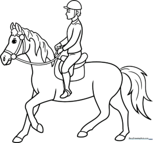 Black and white line art of a person riding a horse, featuring clear outlines for easy coloring by children.