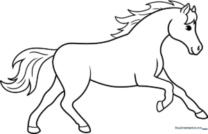 A clean, bold-line illustration of a horse galloping, designed for children to color with markers or crayons.