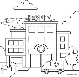 Cartoon-style hospital building with large windows and a clear entrance, designed for children to color with crayons or markers.