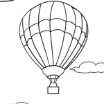 A clean, black-and-white line art illustration of a hot air balloon with a woven basket, featuring large, easy-to-color segments for children.