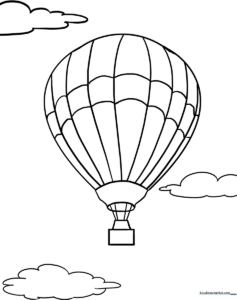 A clean, black-and-white line art illustration of a hot air balloon with a woven basket, featuring large, easy-to-color segments for children.