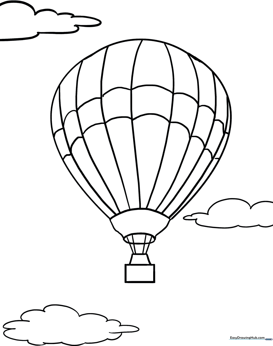 A clean, black-and-white line art illustration of a hot air balloon with a woven basket, featuring large, easy-to-color segments for children.