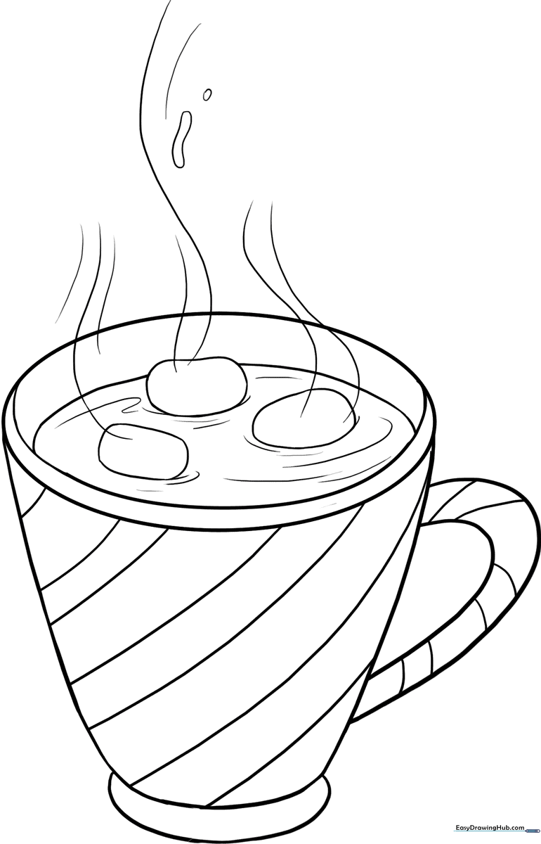 Black and white line art of a steaming mug of hot chocolate with marshmallows, designed for children to color.