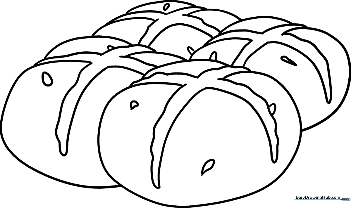A simple line-art illustration of a Hot Cross Bun with a clear, thick-lined cross on top, designed for children to color.