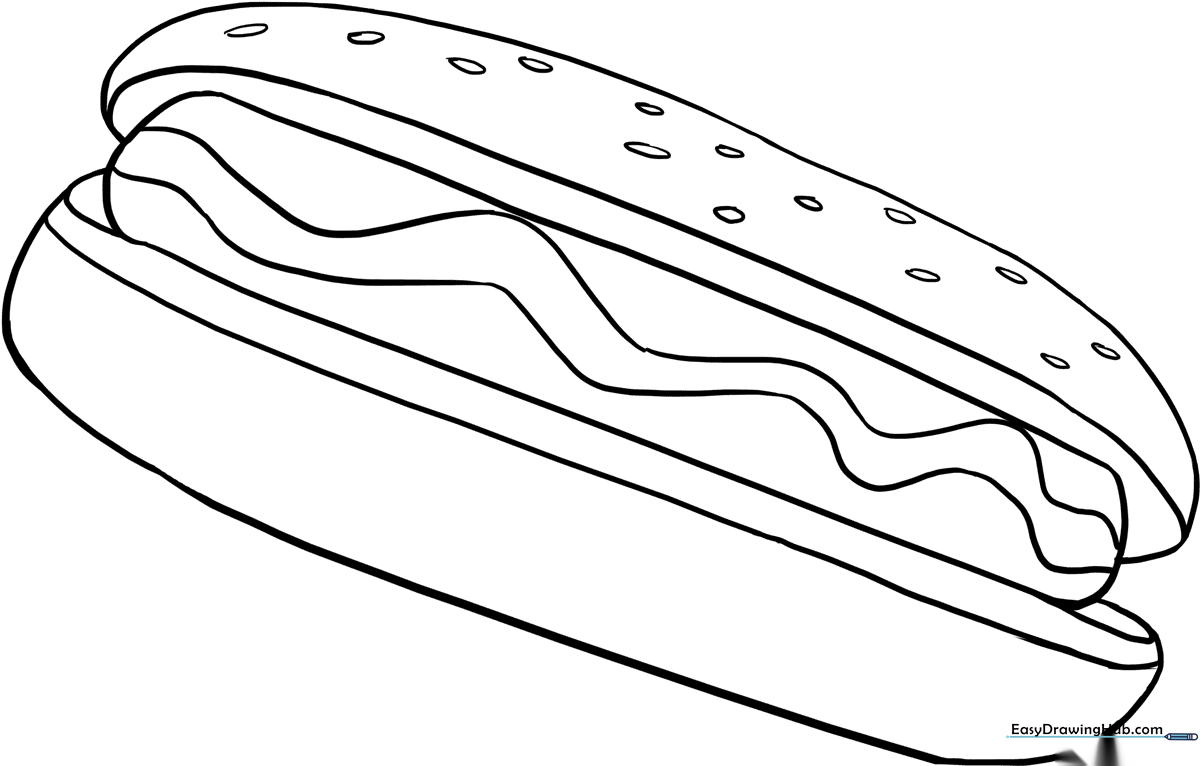 Black and white line art of a hot dog in a bun, featuring clear outlines for easy coloring by children.