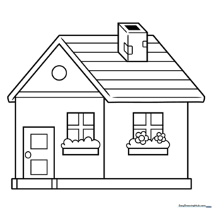 Simple house outline with triangular roof and square windows for children to color