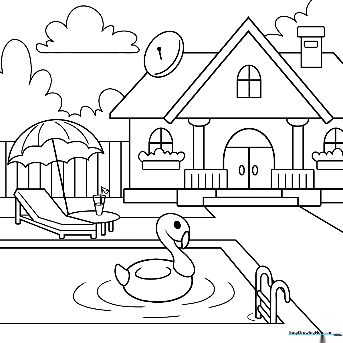 Black and white line art of a suburban house featuring a backyard swimming pool, clear outlines for easy coloring by children.