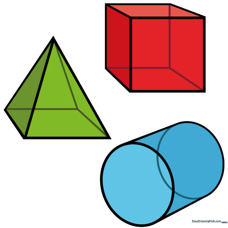A vibrant, educational illustration featuring a cube, pyramid, and cylinder to demonstrate 3D drawing techniques.