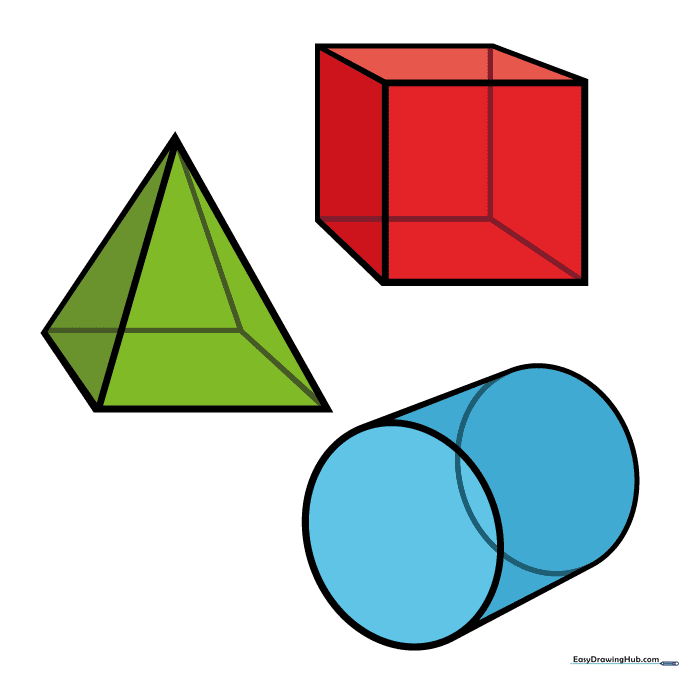 A collection of 3D shapes including a cube, pyramid, and cylinder, shaded to show depth.