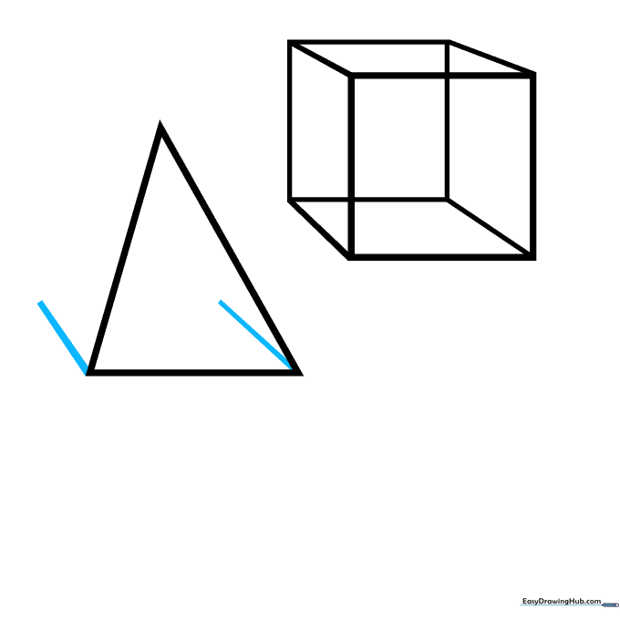A triangle with base lines extending outward to establish the pyramid's footprint.