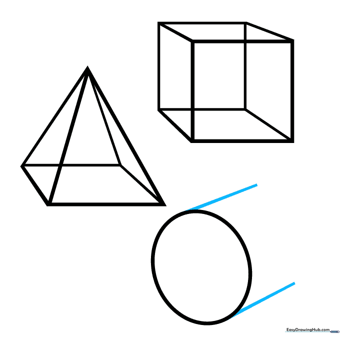 A circle with two parallel lines extending downwards to form the sides of a cylinder.