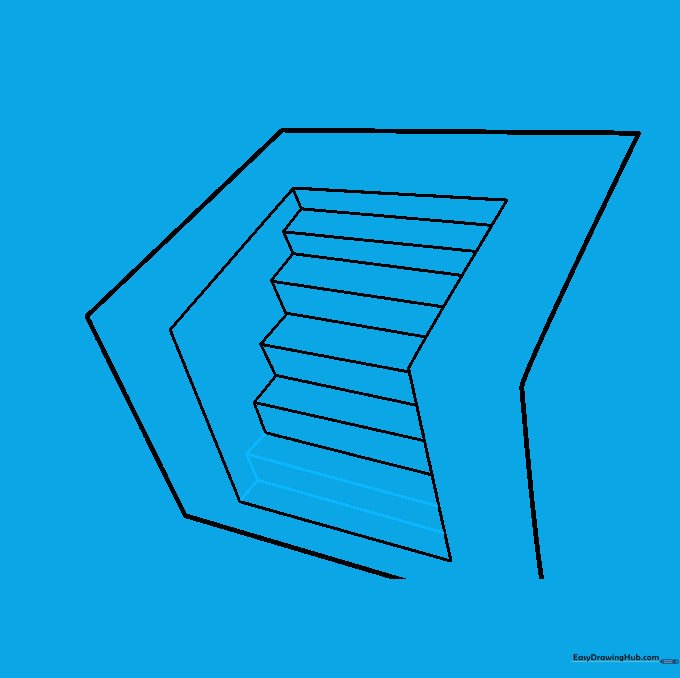 The completed staircase structure reaching the bottom of the drawn frame.
