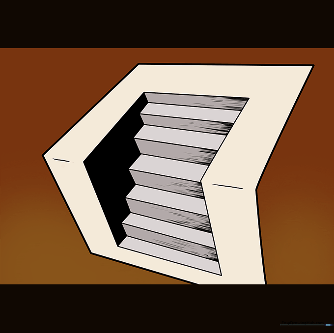 The finished 3D staircase drawing with completed shading and color, showing a realistic depth illusion.