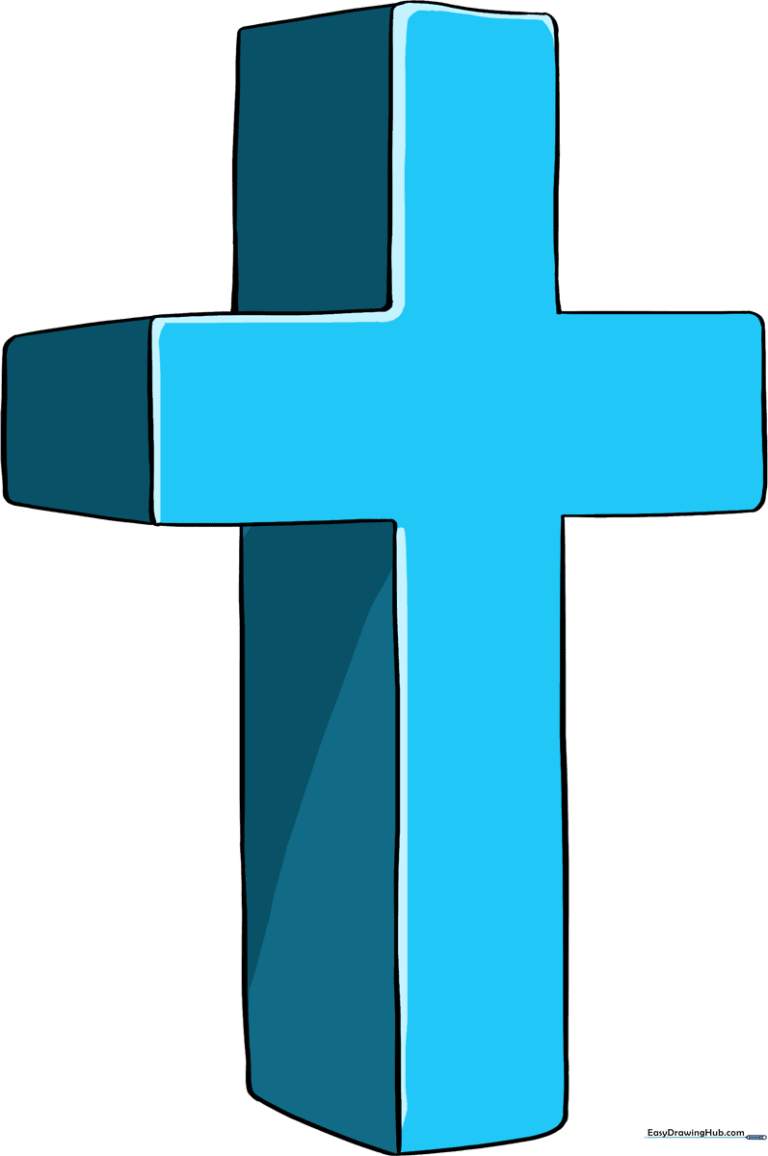A completed, colorful 3D cross drawing showing depth and perspective.