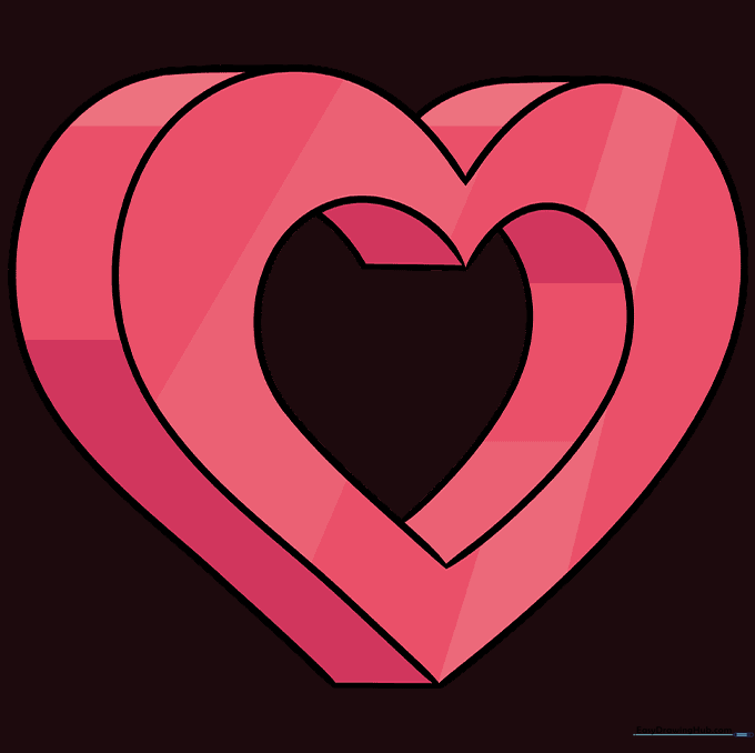 A fully colored 3D heart drawing with shading to enhance the dimensional effect.