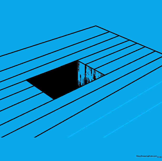 Finalizing the floor pattern with additional parallel lines to complete the scene.