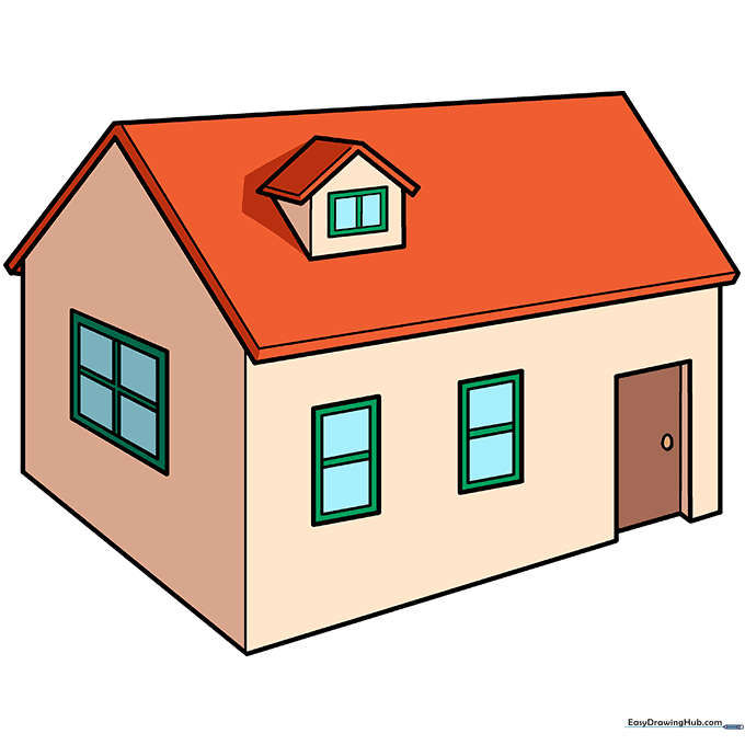 A fully colored 3D house drawing with cream walls, an orange roof, and green window frames.