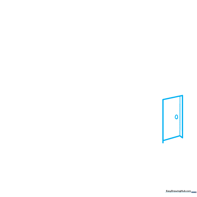 Close-up of a hand-drawn 3D door outline on white paper, showing the initial rectangular perspective lines.