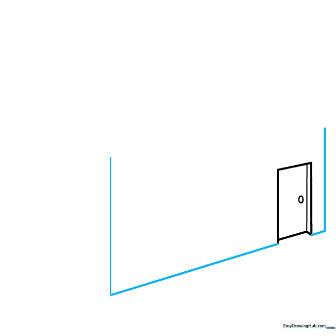 Drawing the side walls of a house using diagonal and vertical lines to create a 3D effect.