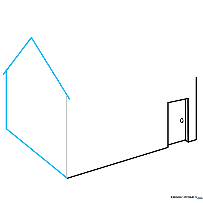 Adding the roof peak to the 3D house structure using a V-shaped line.