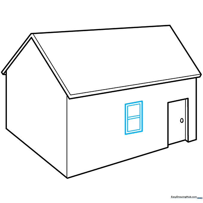 Sketching a rectangular window with horizontal panes on the side of the 3D house.