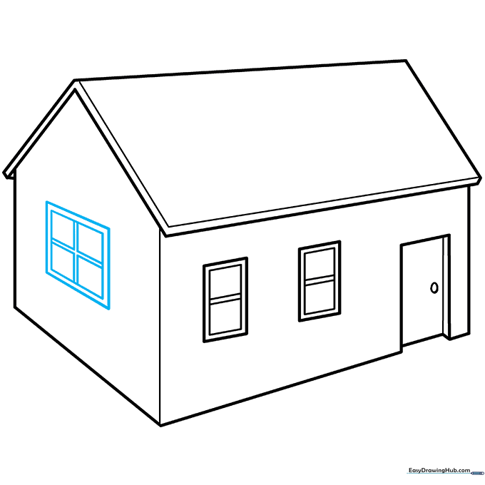 Drawing a large four-paned window with a plus-shaped frame on the house wall.