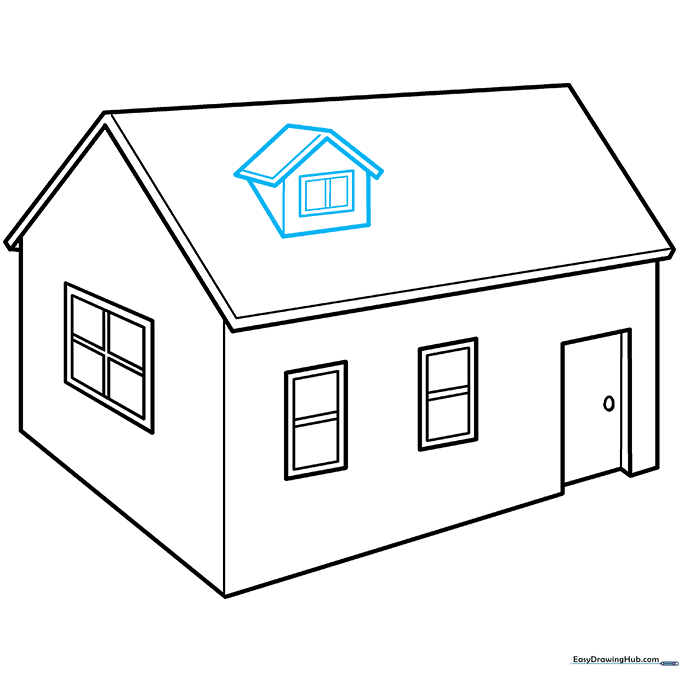 Adding a dormer window to the roof of the 3D house using a pentagon-shaped frame.