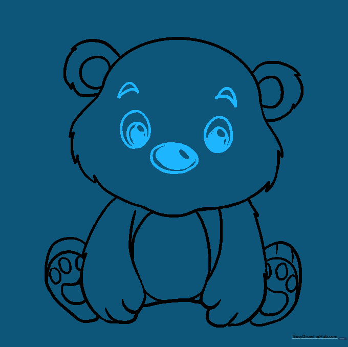 Adding detailed eyes and a shaded nose to the bear's face.