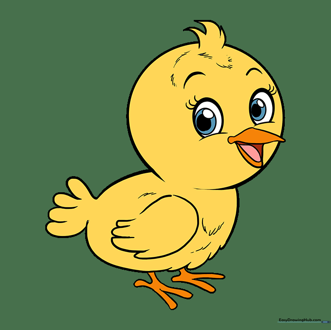 The finished baby bird drawing, fully colored in bright yellow with orange beak and feet.