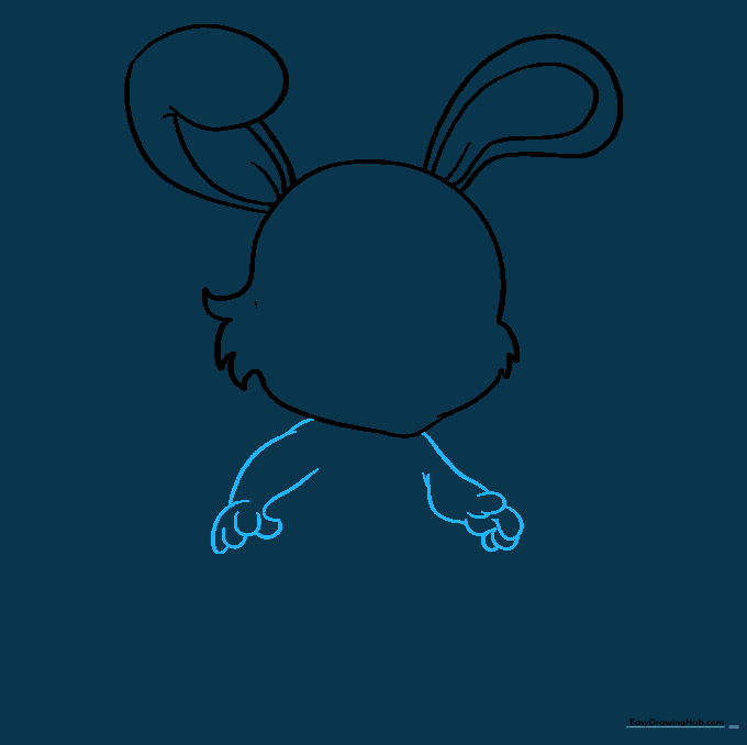 Sketching the bunny's arms and small paws extending from the torso area.
