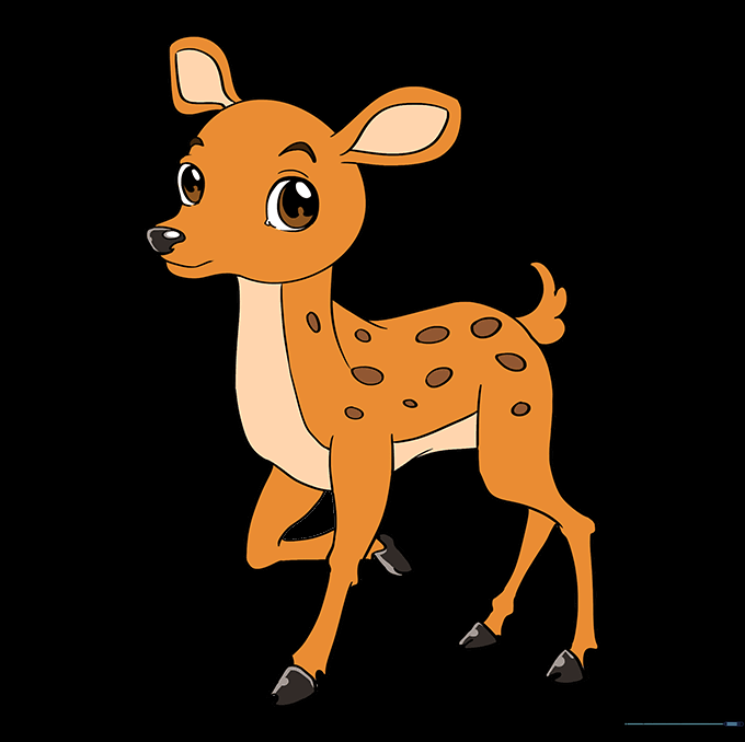 A fully colored baby deer drawing with brown fur and white spots.