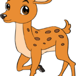 A complete, colored illustration of a cute baby deer standing in a forest setting.
