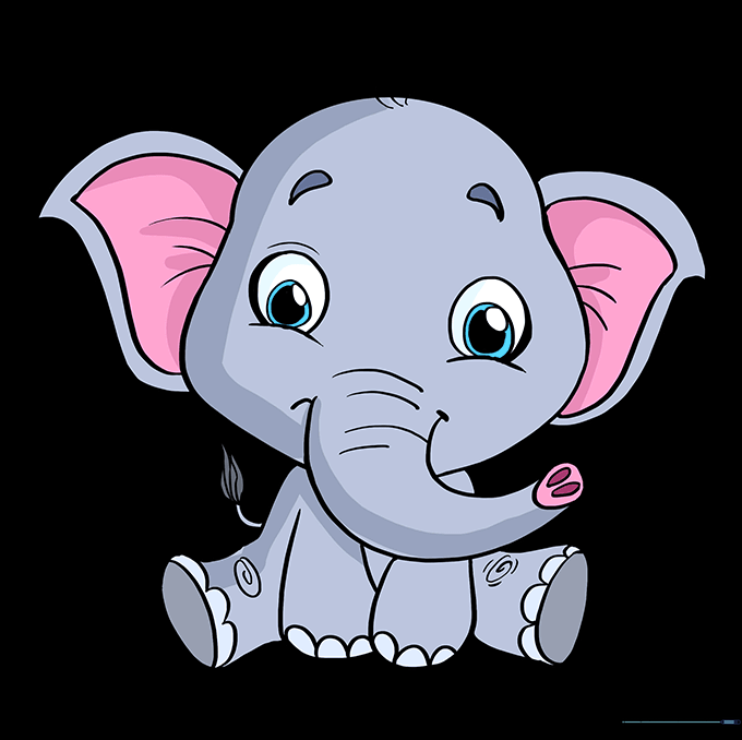 A fully colored, cute baby elephant drawing.