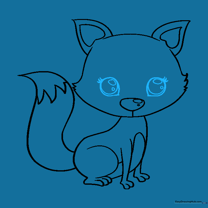 Drawing large, expressive eyes with eyelashes on the fox.