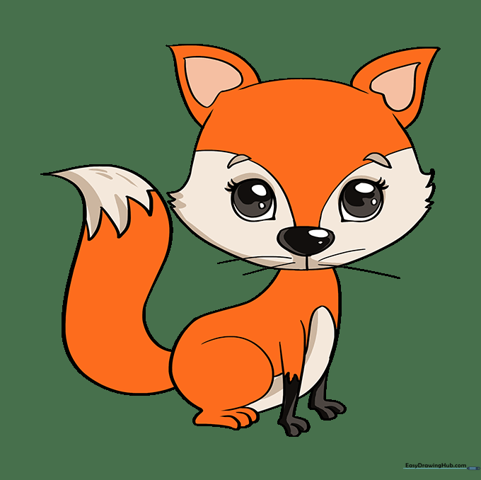 A fully colored, cute baby fox drawing.